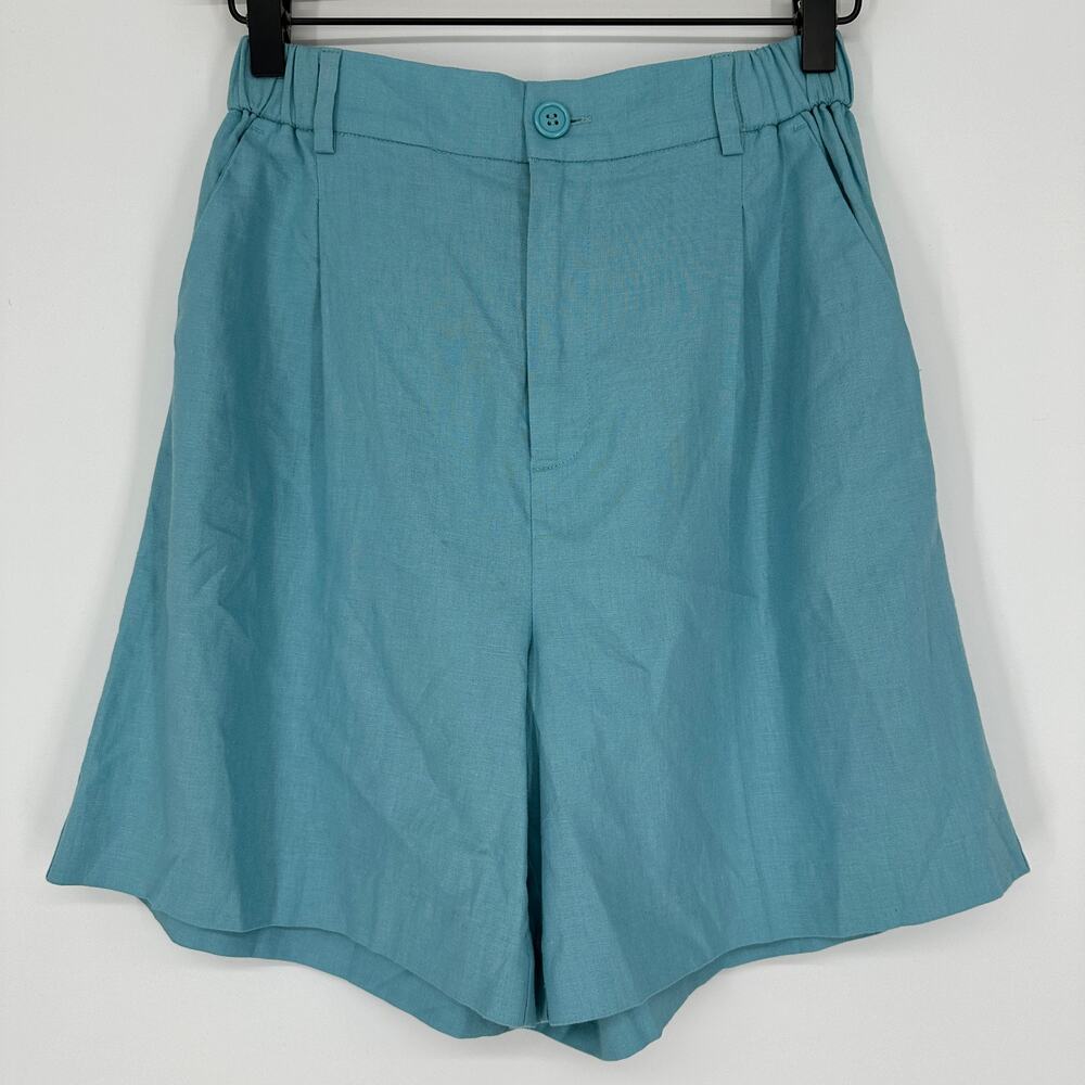 Open Edit High Waisted Linen Blend Womens Teal Pleated Shorts Pockets XS